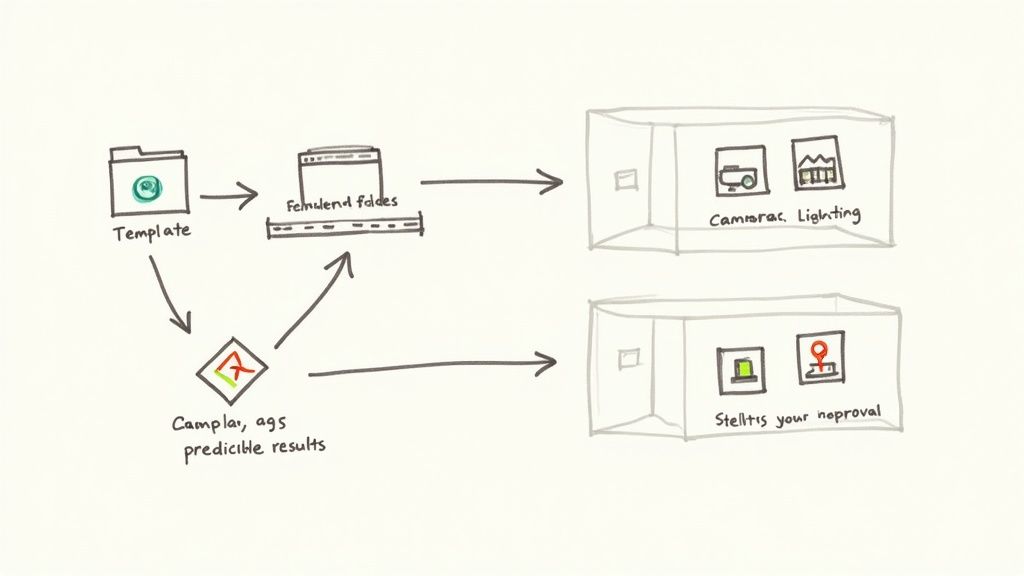 A hand-drawn workflow diagram illustrating data processing from a template to different output systems.