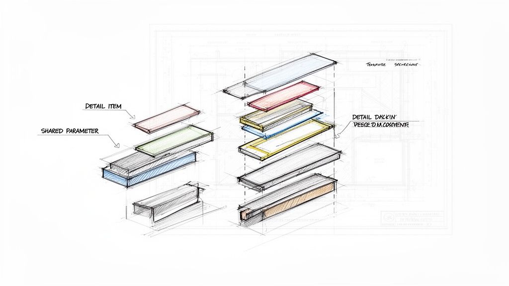 An isometric exploded view illustrating architectural building components and design details with annotations for shared parameters and detail items.