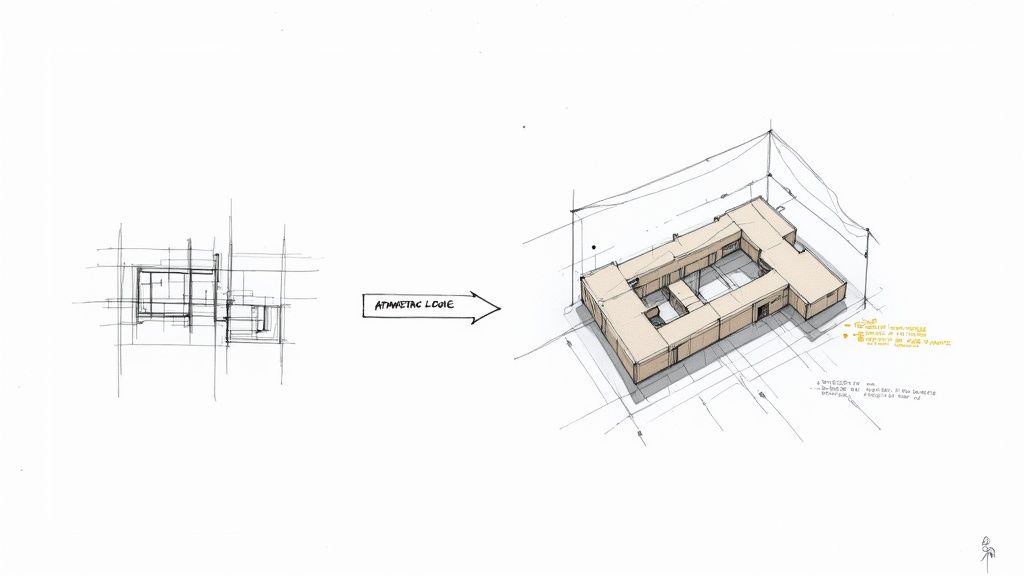 Architectural drawing evolving from a schematic 2D plan sketch to a detailed 3D axonometric building model.