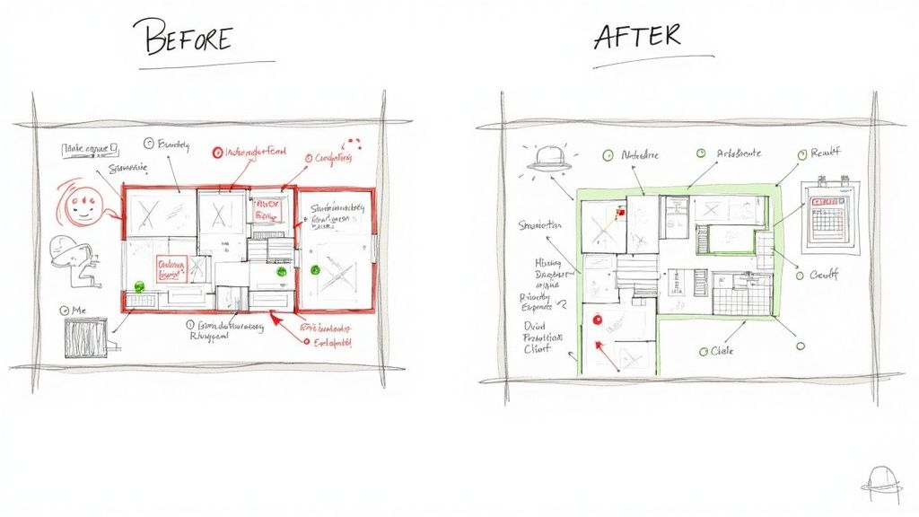 Sketched architectural floor plans comparing 'BEFORE' problems and 'AFTER' workflow solutions.