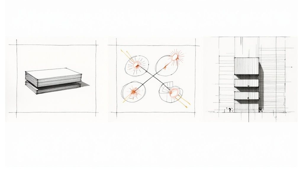 Three architectural sketches: stacked blocks, abstract shapes with light, and a multi-story building concept.