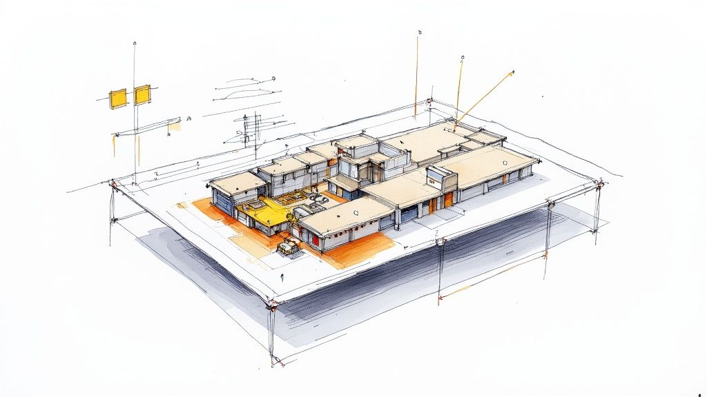 An engineer examining construction documents on a digital tablet, with HVAC ductwork visible in the background.