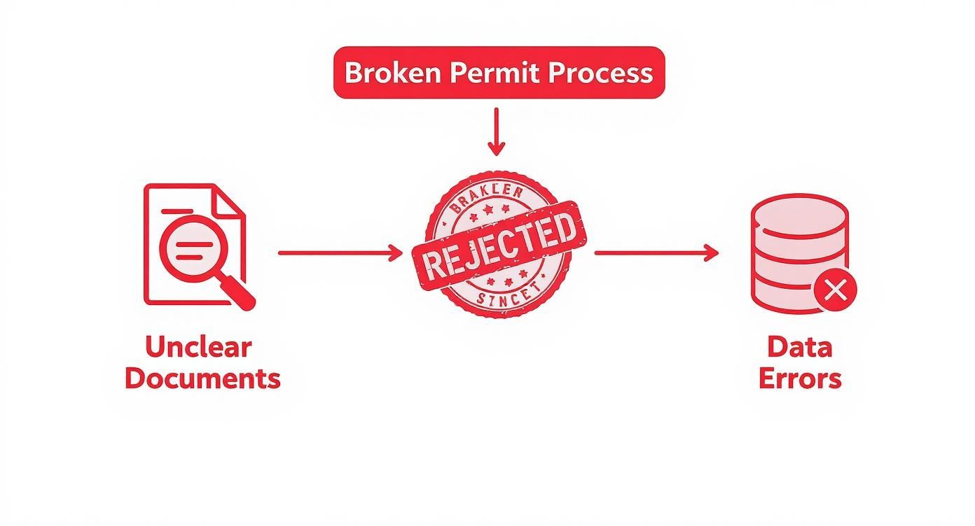 Flowchart showing broken permit process leading from unclear documents to rejection stamp and data errors