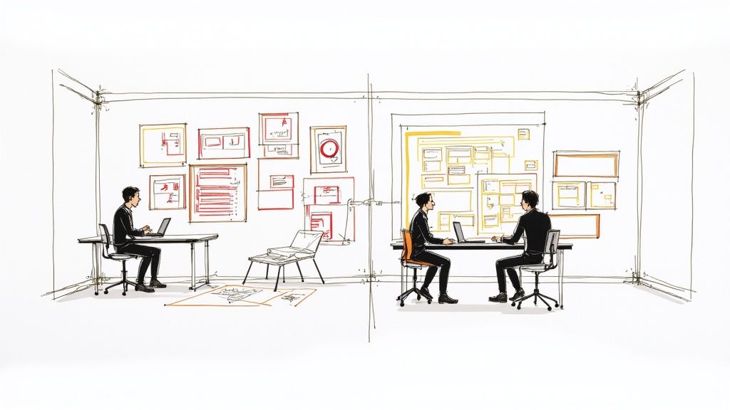 Sketch of a design studio with architects working on laptops, surrounded by various architectural drawings and plans.