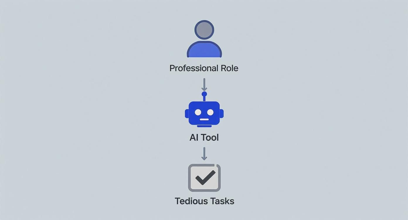 A diagram illustrates a professional role leveraging an AI tool to automate tedious tasks.