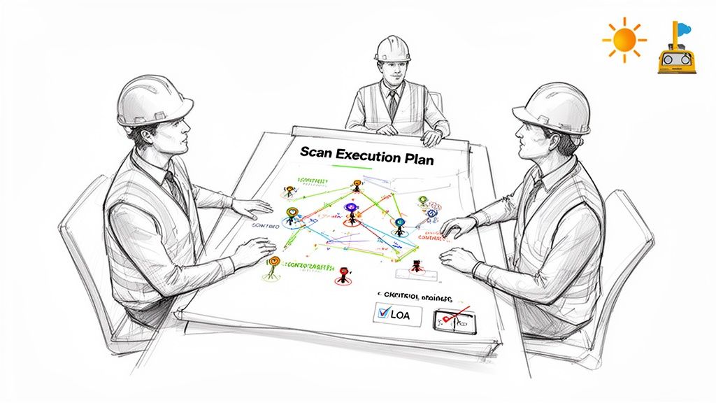 Engineers in hard hats discuss a detailed "Scan Execution Plan" on a large table.