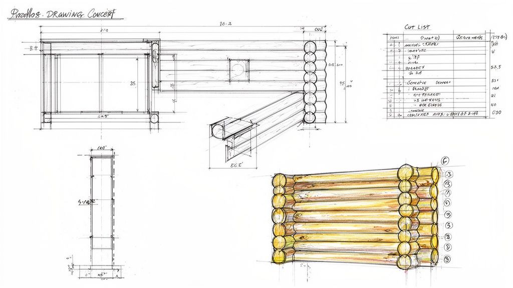 Detailed architectural concept drawings of a log cabin structure with dimensions and a cut list.