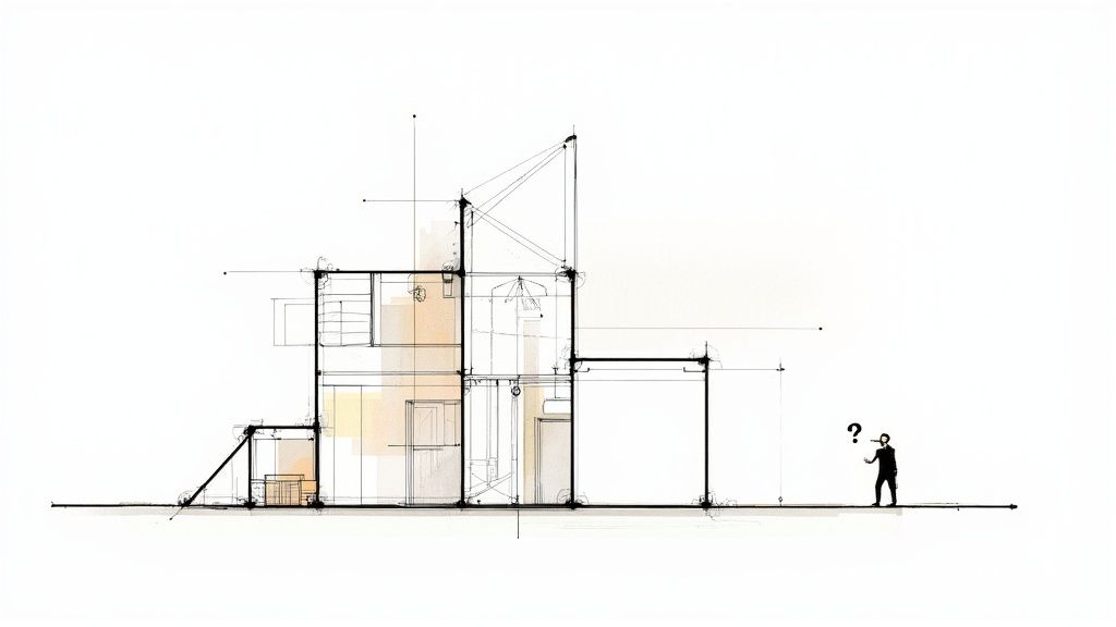 Architectural section drawing of a multi-level building with a perplexed person observing, featuring sketch lines and watercolor.