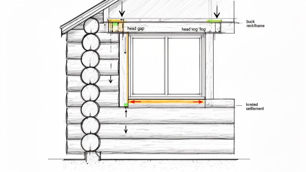 Detailed cross-section of a log wall window installation, illustrating head gap, inverted settlement, and construction elements.