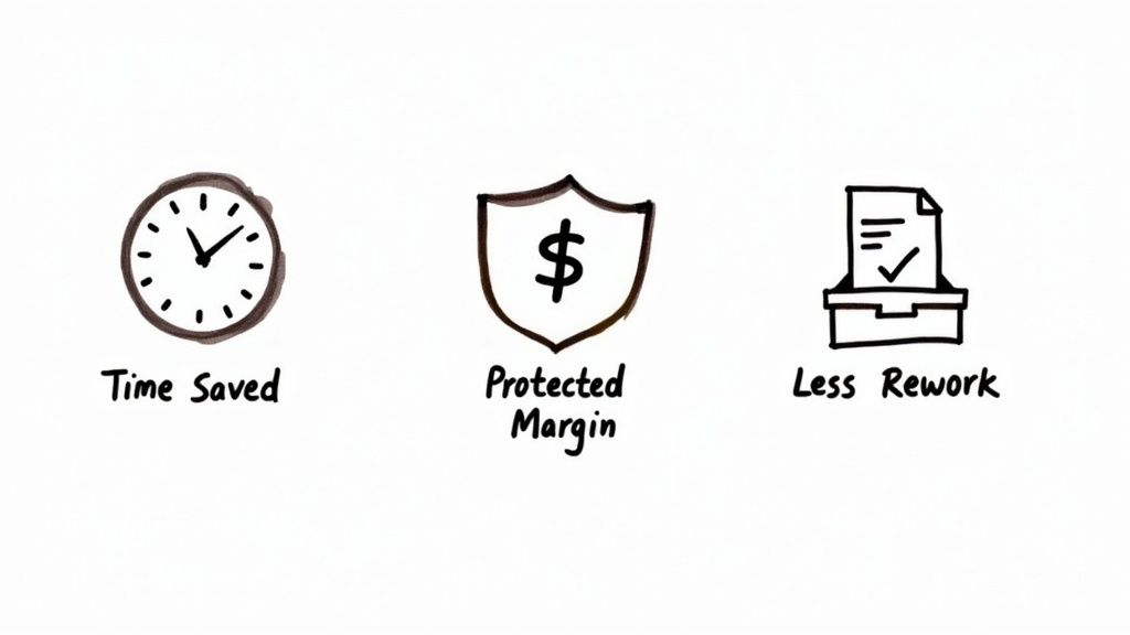 Three hand-drawn icons illustrating business benefits: Time Saved, Protected Margin, and Less Rework.
