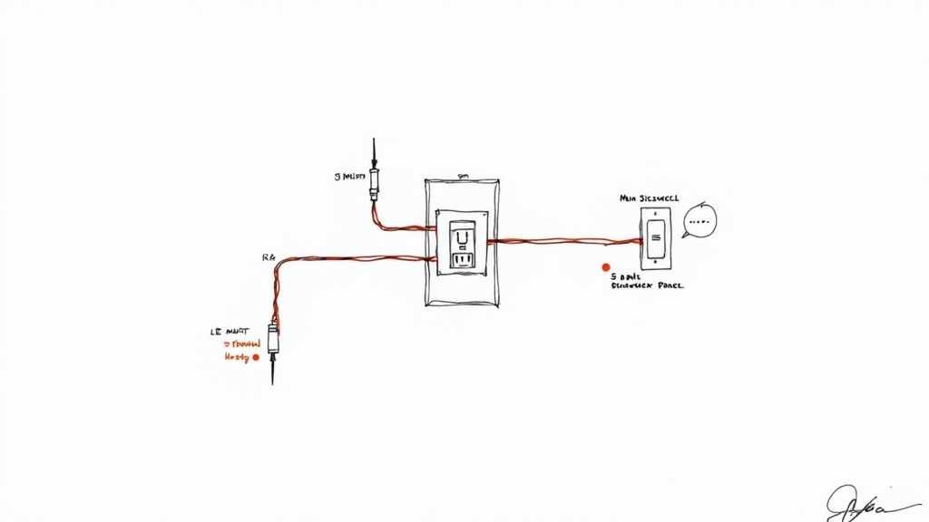 Hand-drawn electrical wiring diagram showing main disconnect panel, breaker box, and circuit connections