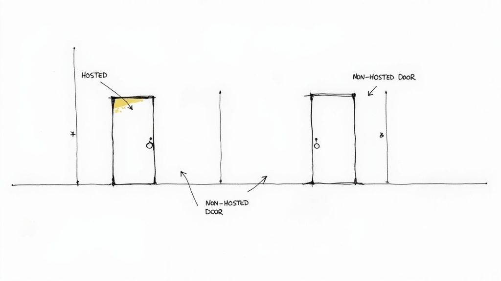 A hand-drawn sketch comparing a 'hosted' door with a height of 7 units to 'non-hosted' doors with a height of 3 units.