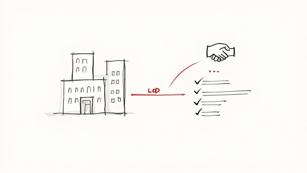 Sketch illustrating Level of Detail (LoD) connecting buildings to a project checklist and handshake agreement.