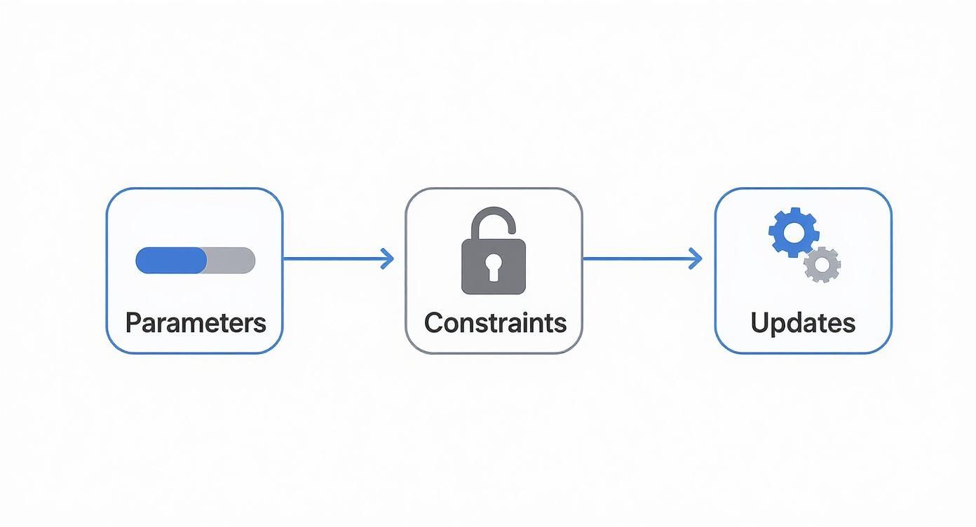 Flow diagram illustrating parameters, constraints, and updates in a sequential process.