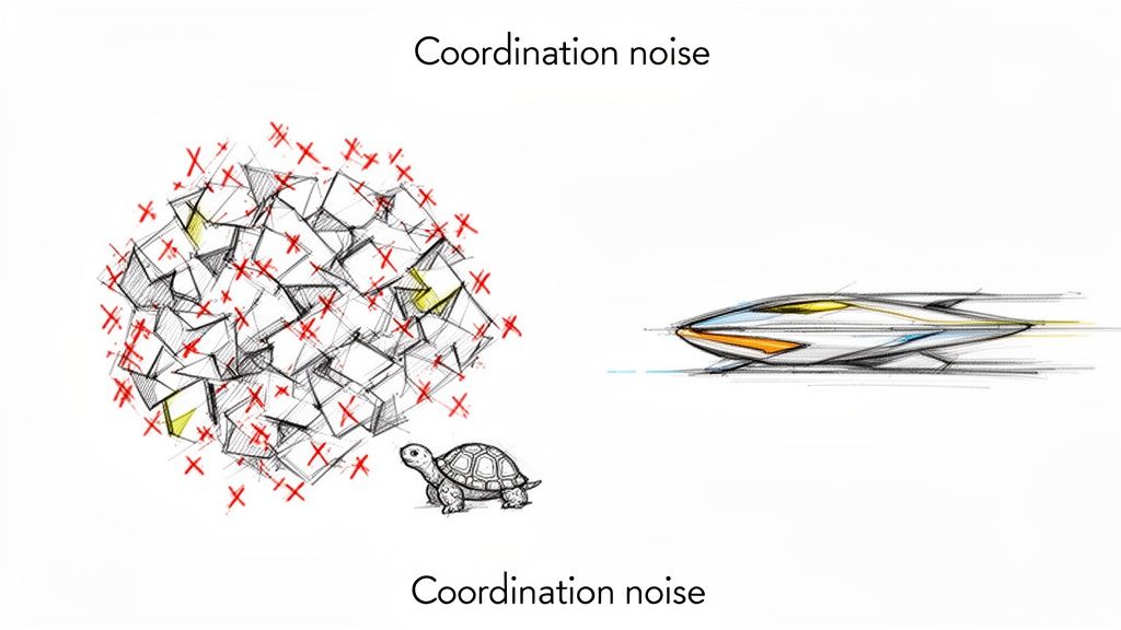 Illustration contrasting chaotic 'coordination noise' with a slow turtle against a fast, streamlined vehicle.
