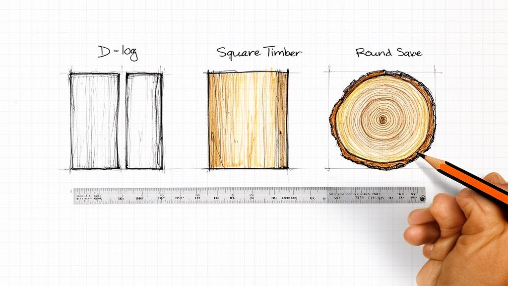 Sketches of D-log, square timber, and a round log cross-section on grid paper with a ruler and pencil.