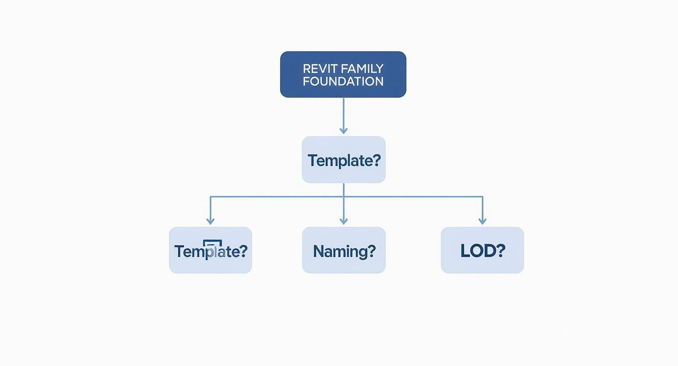 Flowchart showing Revit Family Foundation decision tree with template, naming, and LOD branches