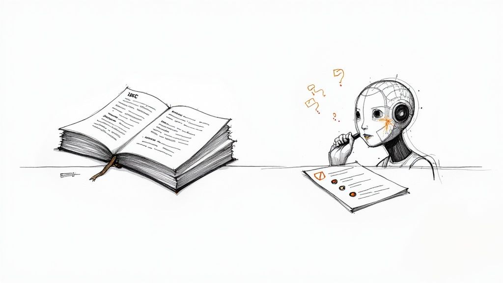 A robot, looking thoughtful, examines an open code book and a document, with question marks.