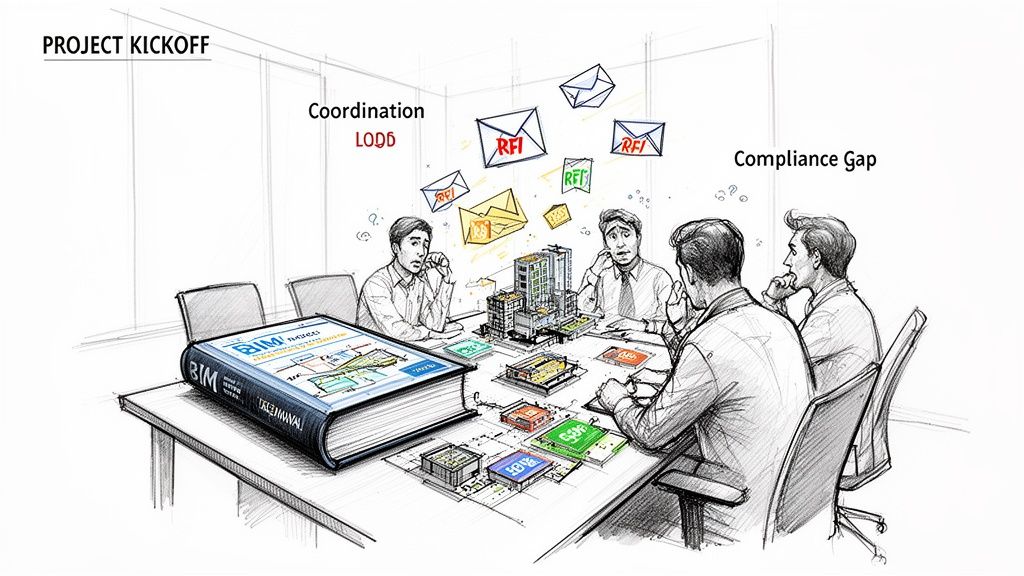 A project kickoff meeting sketch showing confused men, BIM manual, models, RFIs, and coordination compliance issues.