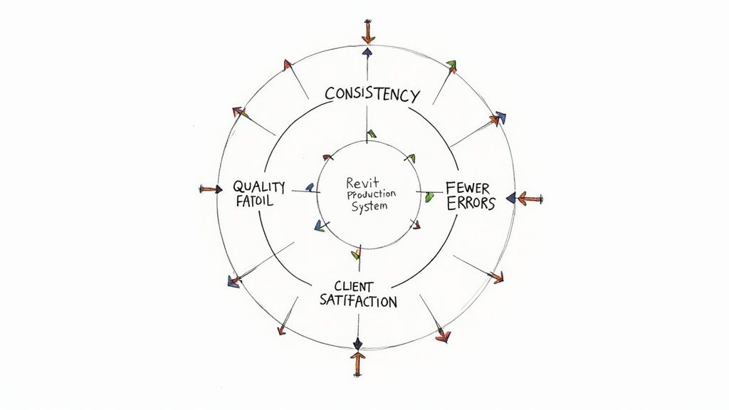 A diagram illustrating the Revit Production System's components: Consistency, Fewer Errors, Quality FATOIL, and Client Satisfaction.