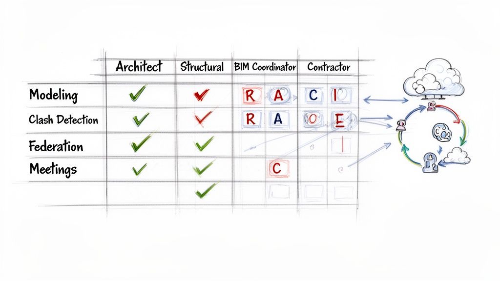 A RACI matrix and collaborative workflow diagram illustrating BIM project roles and responsibilities.