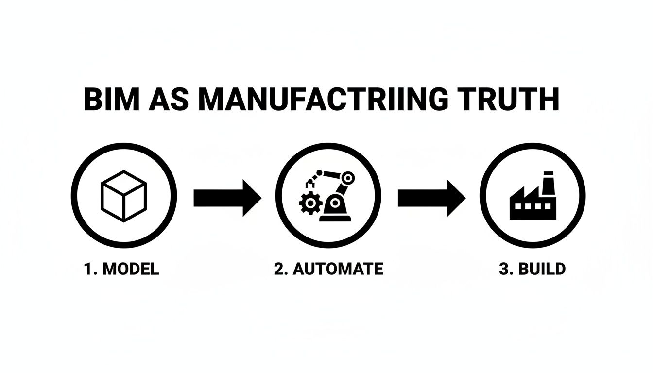 Diagram illustrating BIM as manufacturing truth, showing steps: model, automate, and build.