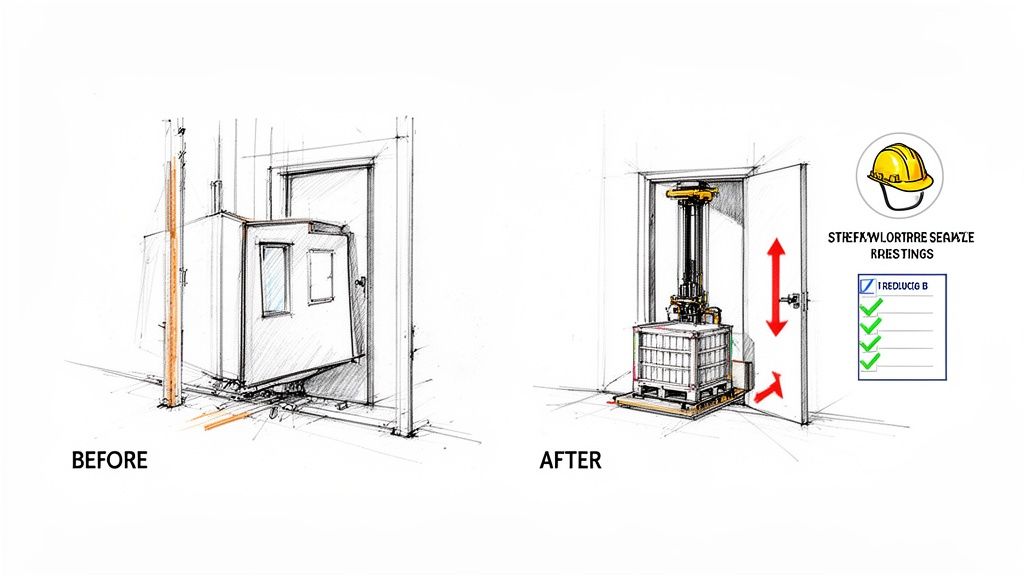 Illustrative sketch contrasting inefficient manual cabin movement with efficient pallet jack container lifting through a doorway.