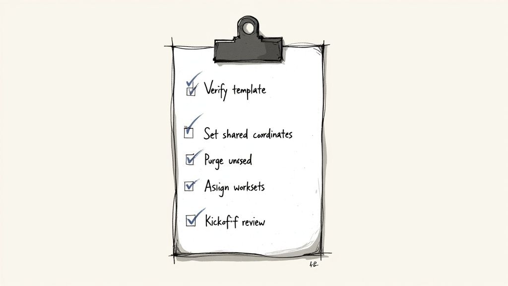A hand-drawn checklist on a clipboard with five completed tasks related to project setup.