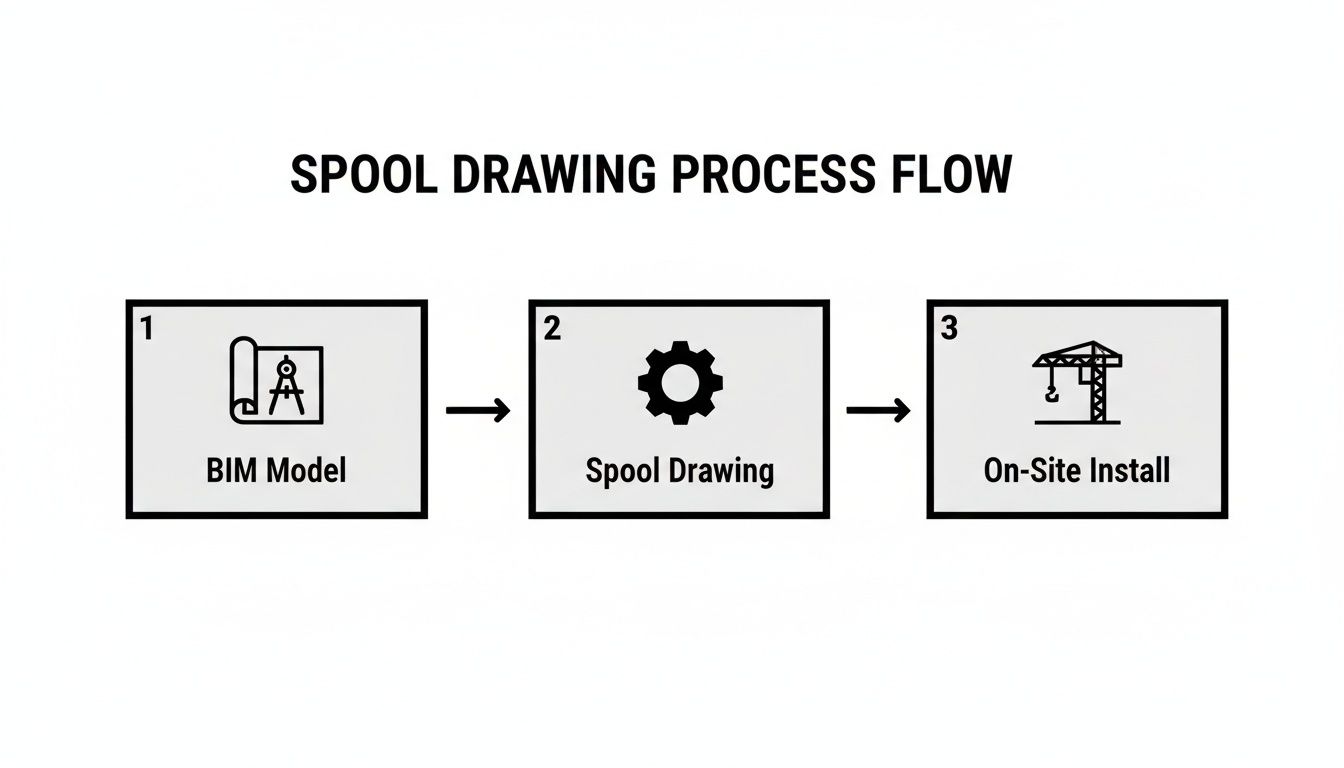 A flowchart illustrating the spool drawing process from BIM model creation to on-site installation.