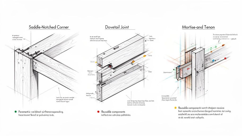 Technical drawings illustrate three common timber framing joints: saddle-notched, dovetail, and mortise-and-tenon.