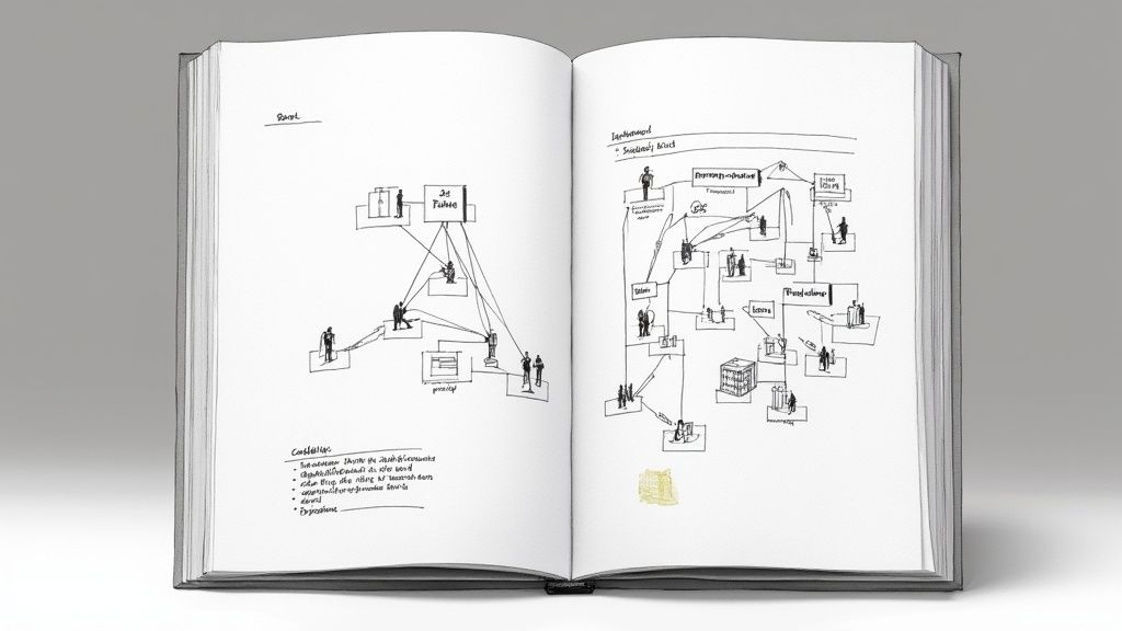 An open book displays two pages of intricate hand-drawn diagrams with figures and structures.