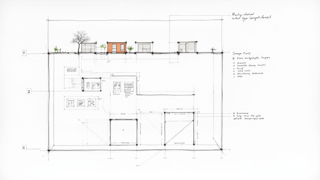 Detailed hand-drawn architectural blueprint illustrating a multi-level building structure and various room layouts.