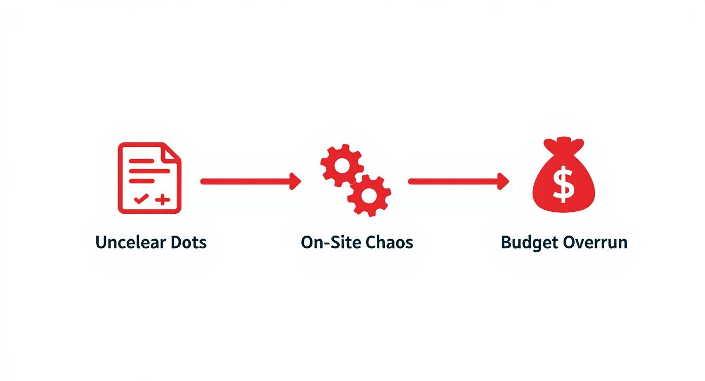 Infographic showing how unclear documents lead to on-site chaos and budget overruns, helping visualize how to reduce construction costs.