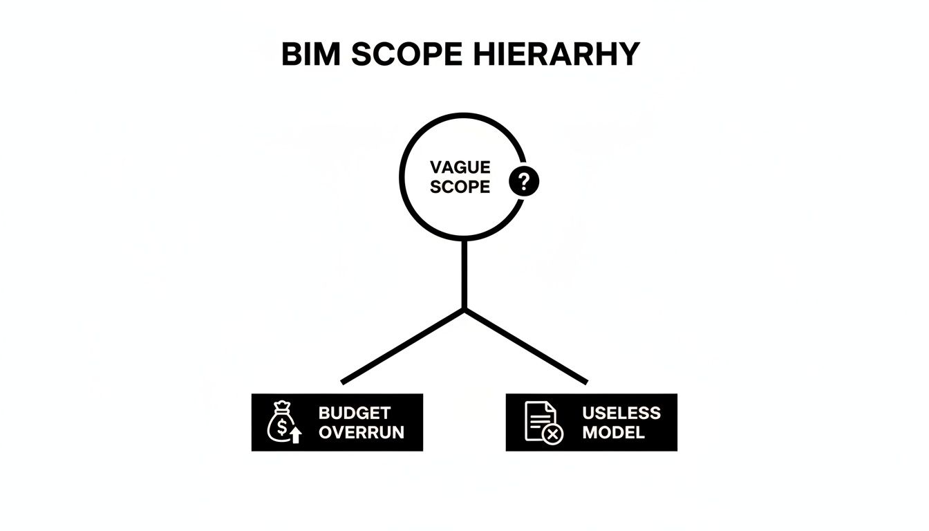 Diagram illustrating how a vague BIM project scope results in budget overruns and useless models.