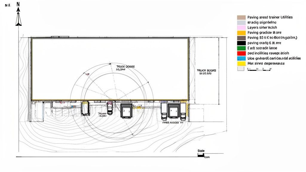 Overhead plan view of a warehouse facility with truck loading docks, access points, and a legend.
