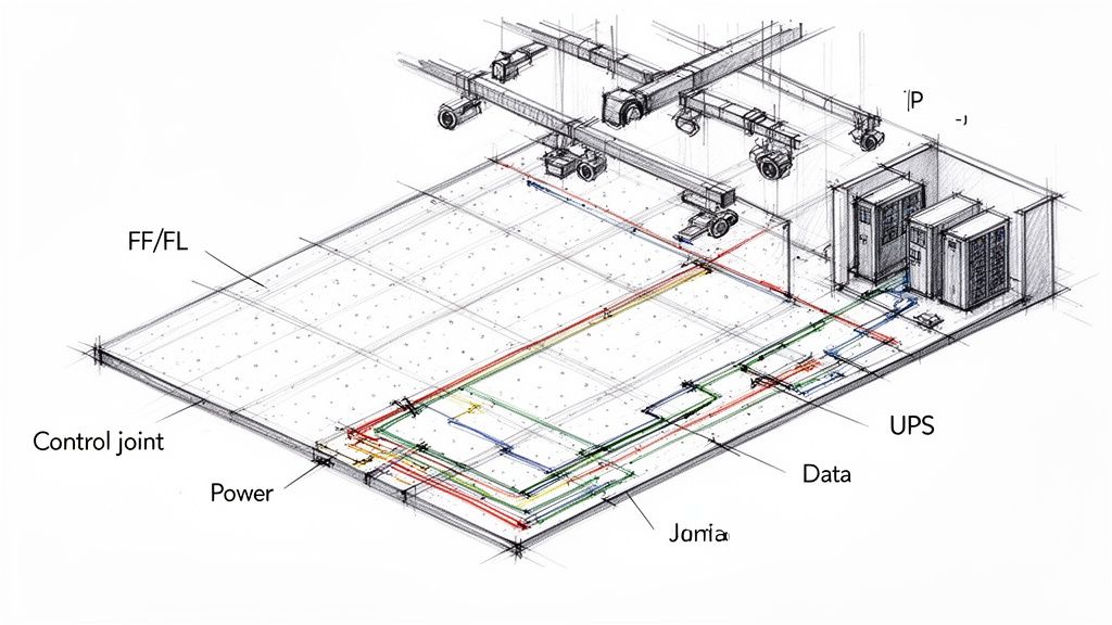 Detailed technical drawing of a data center or industrial floor plan with integrated utility systems.