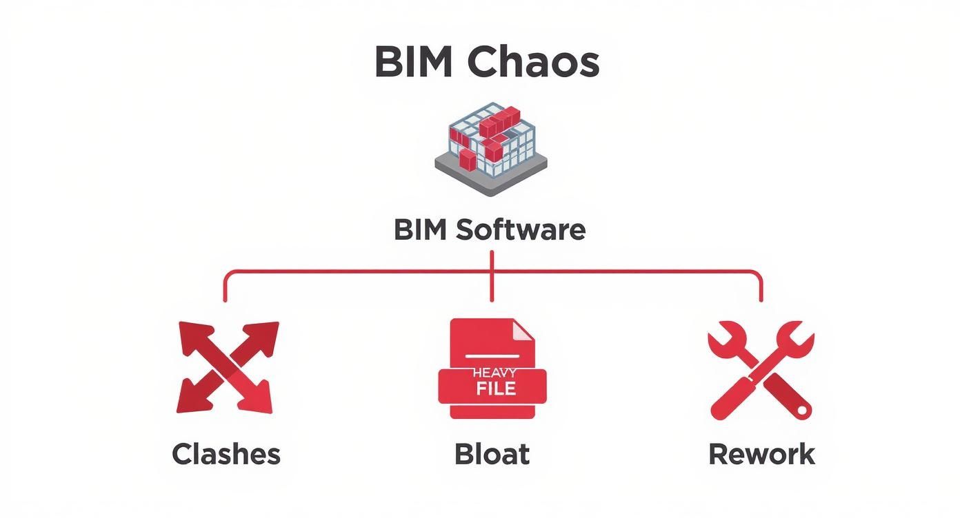 Infographic showing that using BIM software without a system leads to clashes, file bloat, and rework.