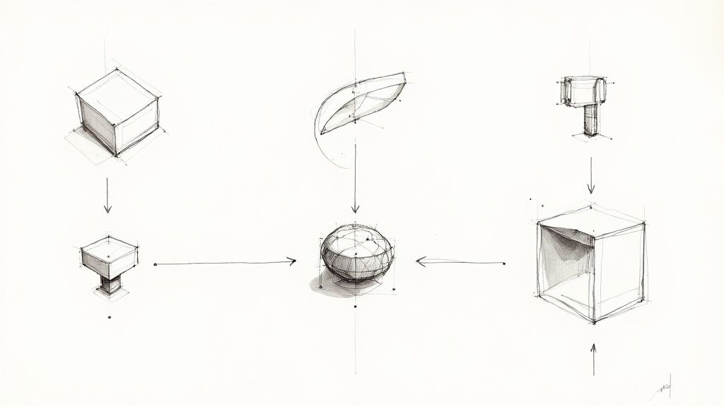 Hand-drawn sketches illustrating design transformation processes, showing a cube, leaf, and T-shape evolving into a central sphere and other forms.
