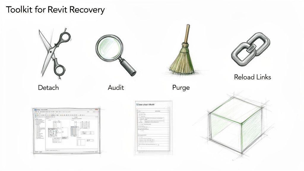 A toolkit for Revit recovery showing detach, audit, purge, and reload links icons.