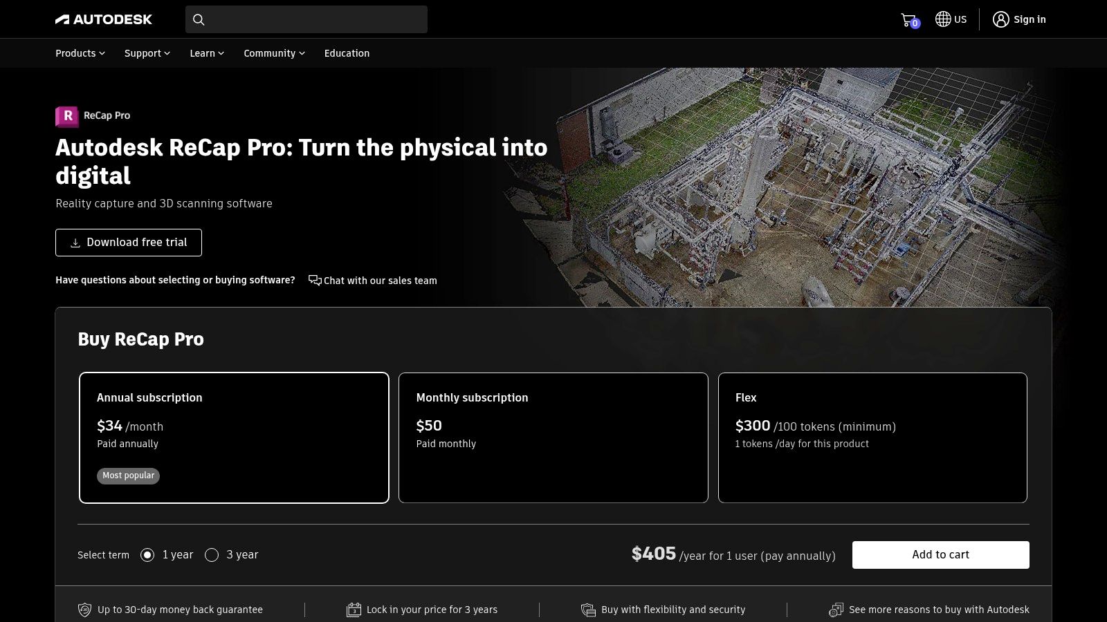 A screenshot of the Autodesk ReCap Pro interface showing a point cloud of an industrial facility with pricing information overlaid.