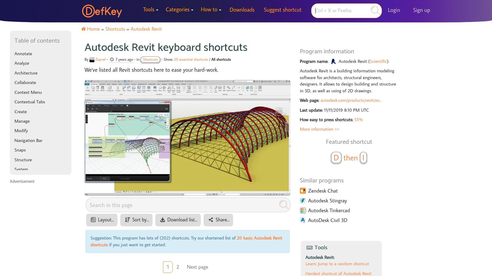 A screenshot of the DefKey website, showing a categorized and searchable list of Revit keyboard shortcuts, illustrating a clean and efficient user interface for quick lookups.