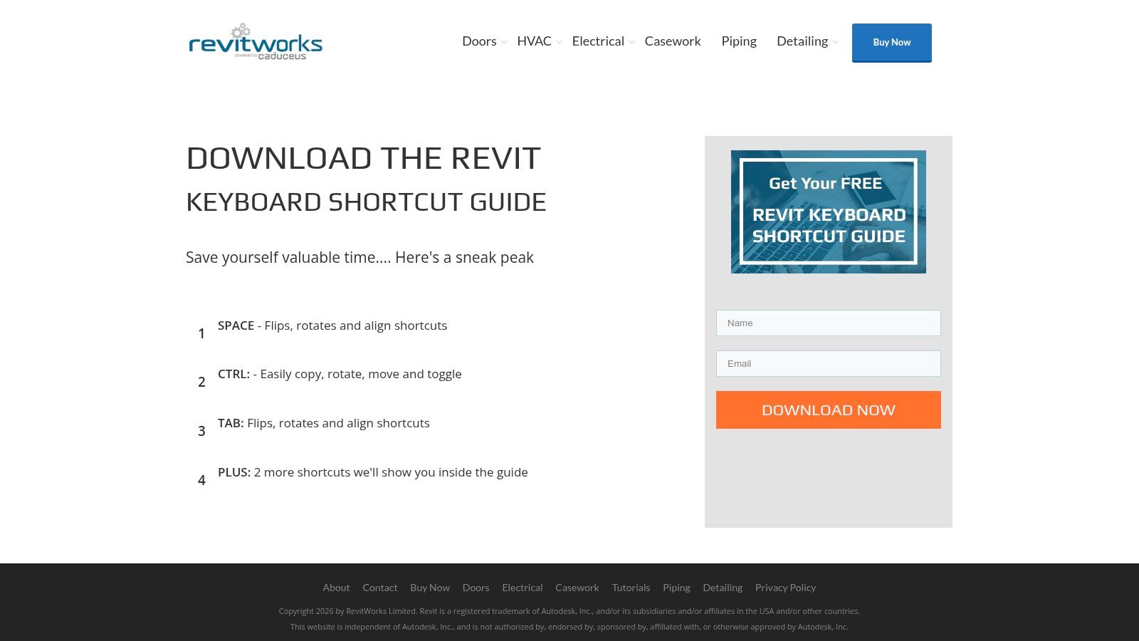 A preview of the RevitWorks Keyboard Shortcut Guide, showing a clean layout with shortcuts organized by function like Modify, View, and Annotate.