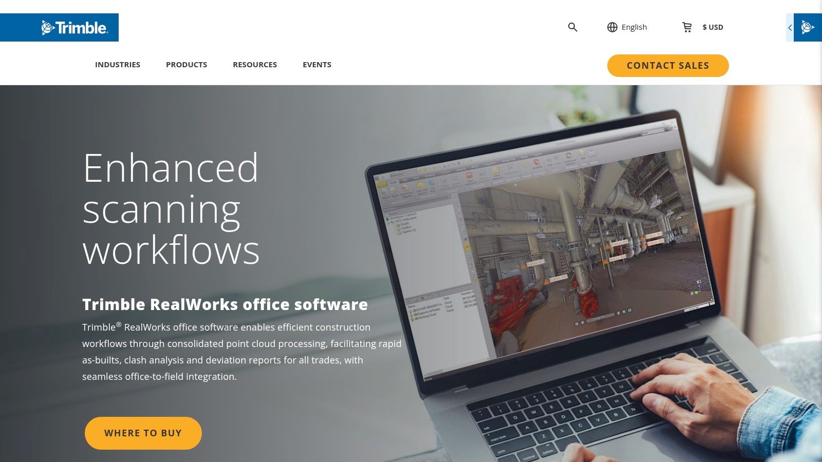 A user working on Trimble RealWorks on a laptop to process point cloud software data.