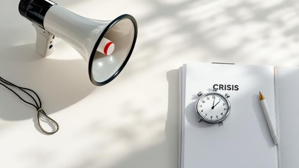 Image of a crisis communication plan document, showing sections for team roles, contact lists, and message drafts.