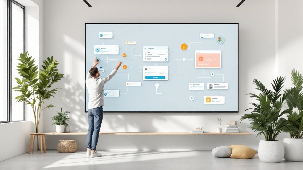 A small business owner thoughtfully considering different automation tool options on a screen