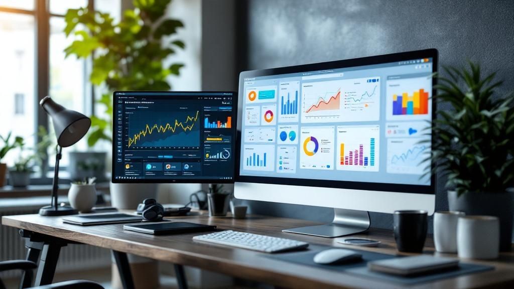 A dashboard with several key performance indicators (KPIs) highlighted, showing growth charts and metrics.