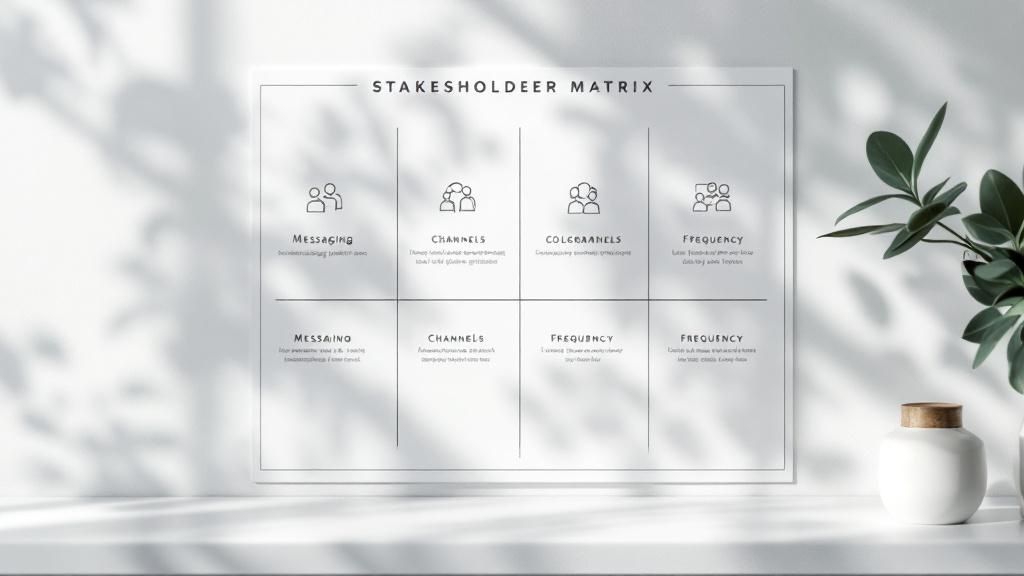 A detailed stakeholder engagement communication matrix template showing columns for stakeholder group, interest, influence, key message, channel, and frequency.