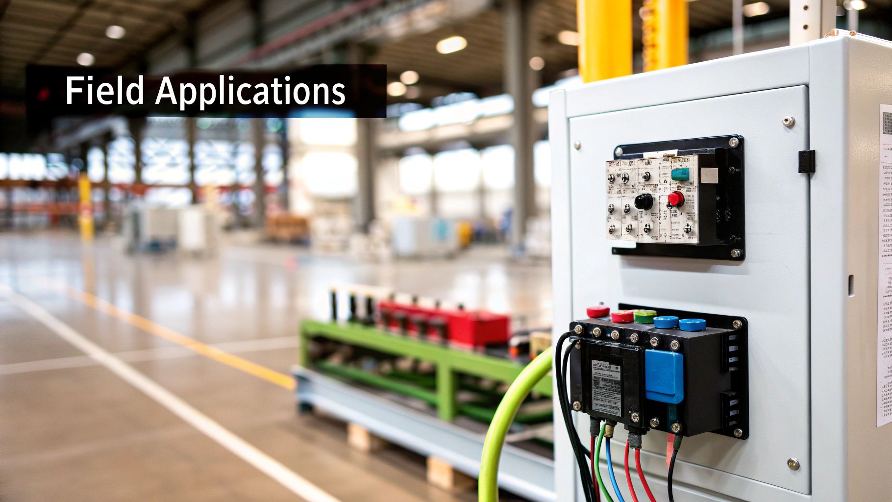 Close-up of industrial electrical control panels with colorful wires and buttons in a factory setting.