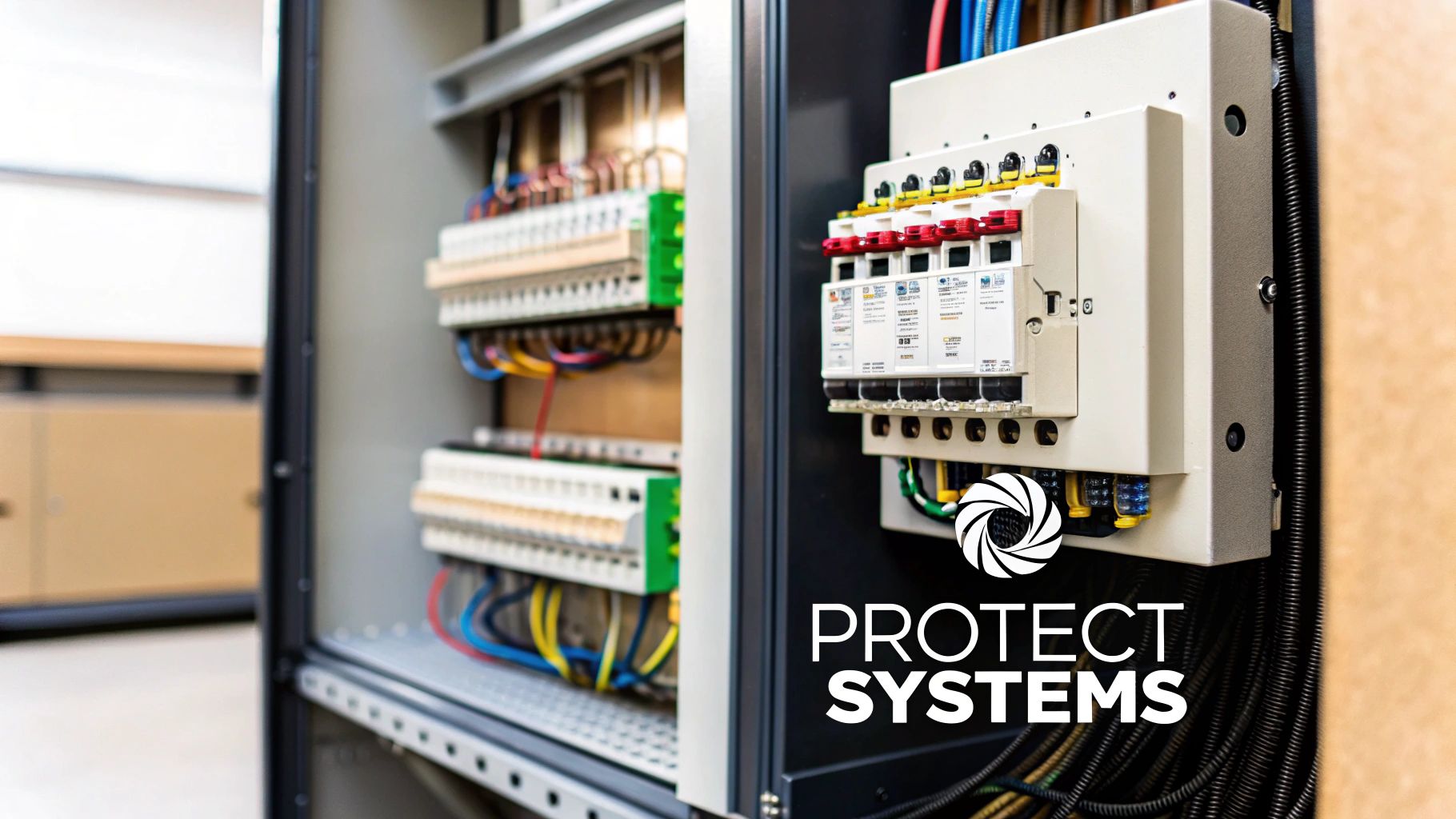 An open electrical panel revealing rows of circuit breakers, terminal blocks, and colorful wiring.