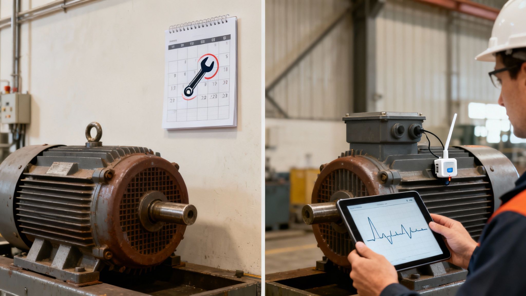 An industrial motor with a calendar showing scheduled maintenance, contrasted with a technician using sensors and a tablet for real-time monitoring.